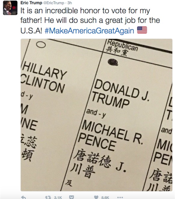 Ảnh chụp phiếu bầu được Eric Trump đăng lên mạng xã hội Twitter (Ảnh: Twitter)