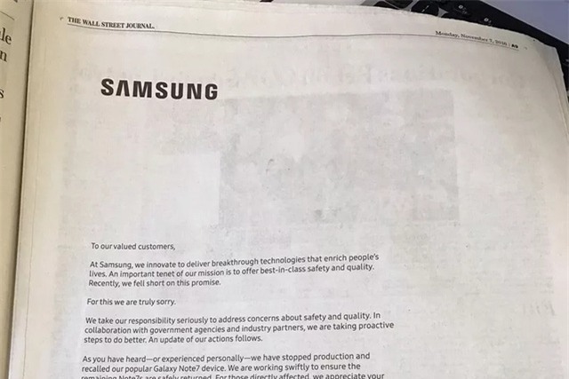 Bức tâm thư của Samsung được đăng tải trên nguyên một trang báo