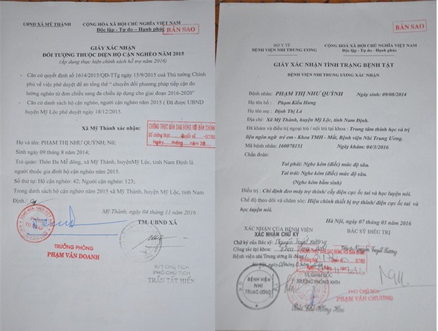 Giấy chứng nhận hộ cận nghèo của gia đình em và chỉ định cấy điện cực ốc tai của các bác sĩ bênh viện Nhi TW.