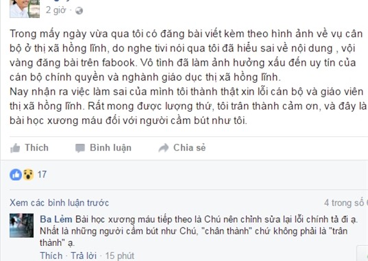 Chủ tài khoản đã đăng lời xin lỗi nhưng không được cư dân mạng đồng cảm