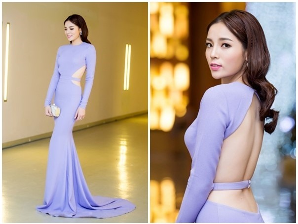 Kỳ Duyên cũng thử sức cùng các đàn chị khi diện váy đuôi cá kết hợp phần eo được cắt khoét cân xứng. Tuy nhiên, sắc tím tro nhạt lại khiến Hoa hậu Việt Nam 2014 trông “dừ” hơn tuổi thật.