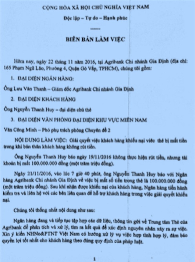 Biên bản làm việc giữa đại diện Agribank với anh Huy về vụ bốc hơi 100 triệu đồng