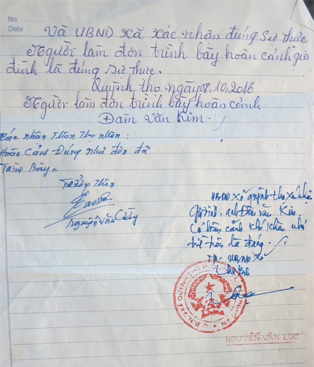 Đơn xác nhận hoàn cảnh khó khăn của gia đình anh Kim.