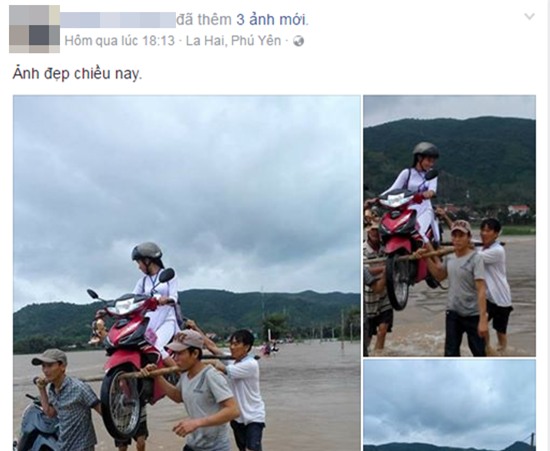 4 soái ca dùng thanh gỗ khiêng nữ sinh cùng chiếc xe máy qua vùng lũ - Ảnh 1.