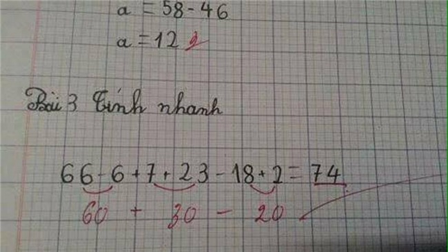 Bài toán cộng trừ rất đơn giản được học trò tính ra kết quả 74. Tuy nhiên cô giáo (bút đỏ phía dưới) lại tính ra kết quả khác hoàn toàn.