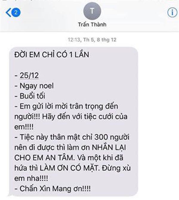 Đọc tin nhắn mời cưới chỉ gửi 300 người đầy hài hước của Trấn Thành  - Ảnh 1.