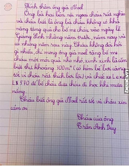 be trai gay soc voi buc thu gui ong gia noel xin qua 'nha biet thu 300m2 va xe lexus" - 1