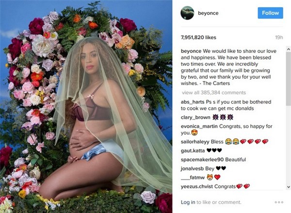 Bức ảnh nghệ thuật để thông báo chuyện bầu bì của Beyoncé đã thu hút gần 8 triệu lượt “Like”