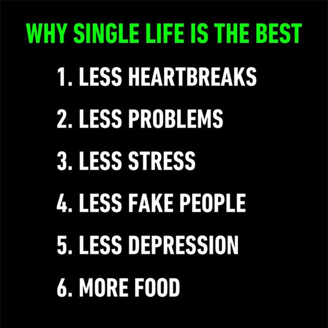 
Và nếu bạn vẫn còn độc thân thì đây là lợi ích của độc thân nhé: ít đau lòng, ít vấn đề, ít căng thẳng, ít sống giả dối, ít phiền muộn, và nhiều thức ăn hơn (vì không phải chia sẻ cùng ai).
