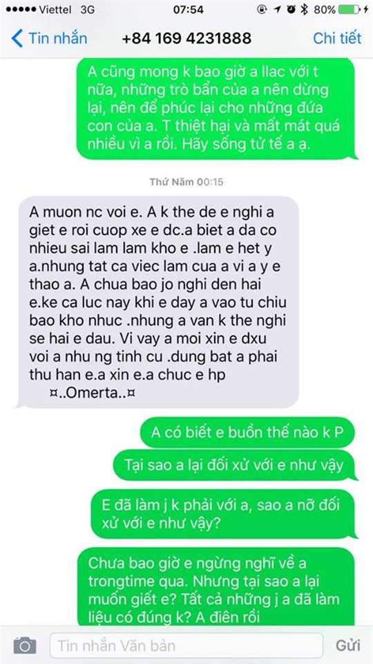 Đoạn tin nhắn cho rằng của Bạch Thành Phong và MC Thanh Thảo.