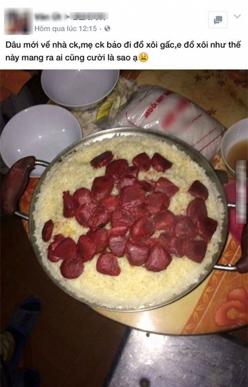 Món xôi một đằng, gấc một nẻo đầy sáng tạo của nàng dâu tương lai khác cũng khiến nhà chồng cười rụng rốn.