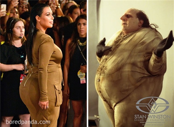 Thời trang của Kim Kardashian luôn là đề tài bàn tán không chán của khán giả. Bộ váy màu nâu sang chảnh của mỹ nhân này lại được mang ra đối chiếu với hình ảnh của dị nhân béo ịPenguin. Và thật bất ngờ, giống nhau đến 90% đấy!