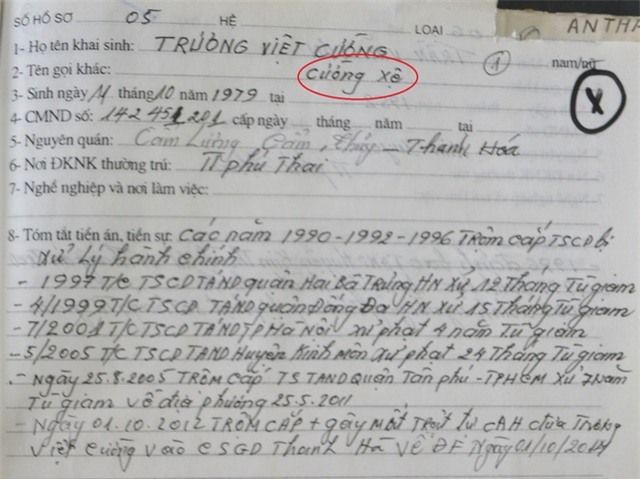 Lý lịch phạm tội của Cường luôn kèm biệt danh Cường Xệ, Xệ lác. Ảnh: Đ.Tuỳ