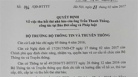 phó chủ tịch quận 1, Đoàn Ngọc Hải, thu thẻ nhà báo, Trần Thanh Thắng, báo đời sống pháp luật