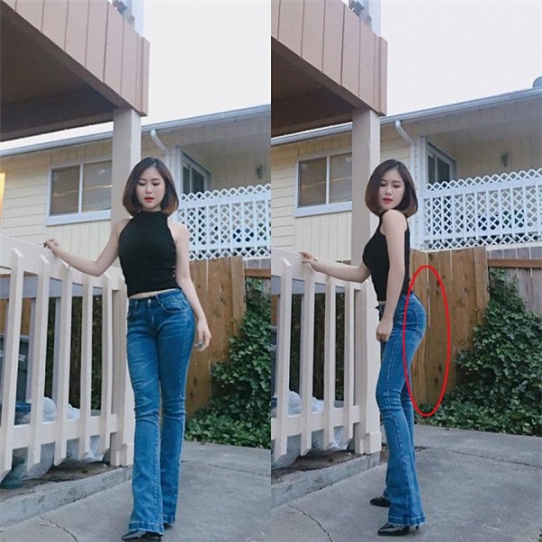 Tấm gỗ phía sau Hương Tràm bị cong theo những đường chỉnh sửa của bức ảnh.