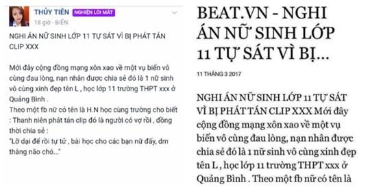 Nhiều trang mạng đăng tải thông tin về nữ sinh gây xôn xao dư luận