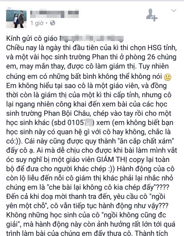 Dòng trạng thái gây bão của Lê Thị Phương Anh về việc giám thị ăn cắp chất xám thí sinh tại kỳ thi Học sinh giỏi tỉnh Nghệ An diễn ra vào ngày 14/3.