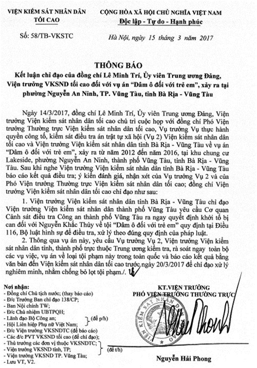 Văn bản chỉ đạo của Viện KSND Tối cao về vụ án Dâm ô đối với trẻ em xảy ra tại tỉnh Bà Rịa - Vũng Tàu. (Ảnh: Cổng thông tin điện tử Viện KSND Tối cao)