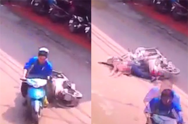 Clip: Nồm trời, đường trơn trượt, cô gái trẻ văng khỏi tay lái sau cú va chạm nhẹ - Ảnh 1.