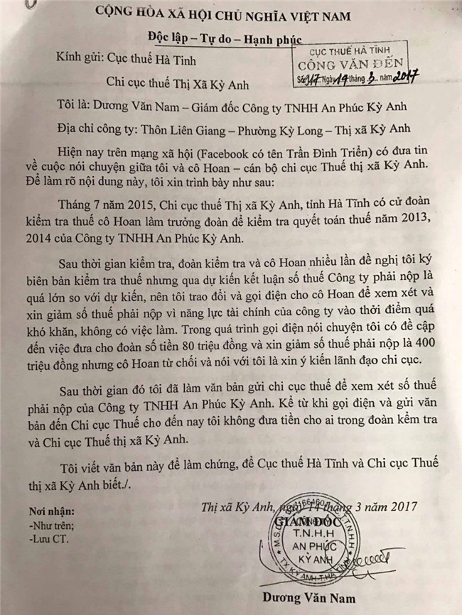 cán bộ thuế vòi tiền, cán bộ thuế nhũng nhiễu, Hà Tĩnh, cán bộ thuế, cục thuế Hà Tĩnh
