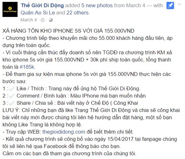 Giả fanpage Thế Giới Di Động bán iPhone giá 155.000 đồng - Ảnh 1.