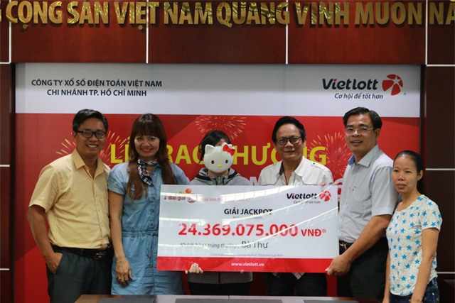 Khách hàng trúng thưởng bà Thư (đeo mặt nạ) chụp ảnh cùng nghệ sĩ Tấn Hoàng (đeo kính), các nhà báo và đại lý/điểm bán hàng phát hành vé trúng giải Jackpot