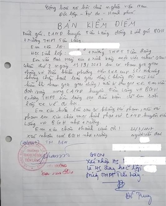 Bản kiểm điểm tường trình sự việc của em L. Ảnh: Đ.Tuỳ