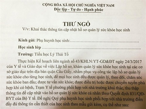 Phiếu sức khỏe nhà trường phát cho học sinh tiểu học hỏi Biện pháp tránh thai đang dùng? Số lần có thai? Số lần sảy thai? - Ảnh 1.