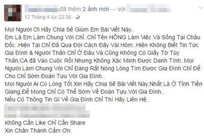 Người phụ nữ xinh đẹp mất vì ung thư khi bên cạnh không người thân thích, bạn bè lấy facebook cô đăng tìm gia đình - Ảnh 1.