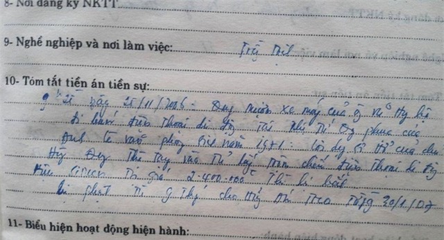 Tiền án của đối tượng Quang. Ảnh: Đ.Tuỳ