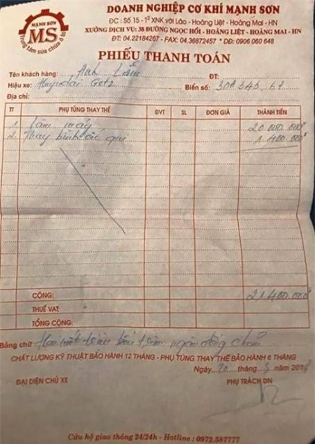 Hóa đơn với giá trên trời mà anh Vũ Quang Tâm nhận được từ gara ô tô Mạnh Sơn.