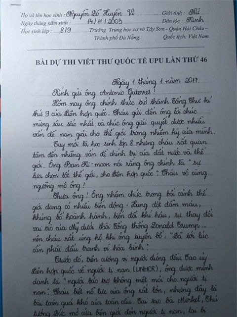 Nu sinh lop 8 viet thu hien ke cho tong thu ky Lien Hop Quoc hinh anh 2