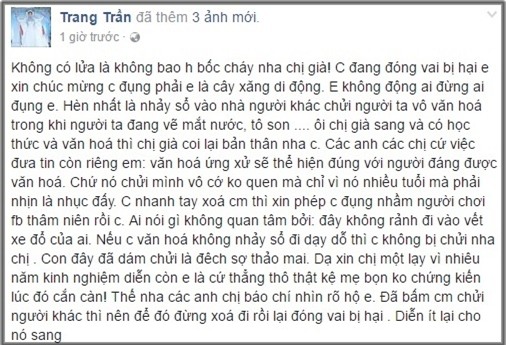  Dòng trạng thái mới nhất của Trang Trần sau khi đăng clip chửi mắng đàn chị. (Ảnh: Chụp từ FBNV) 