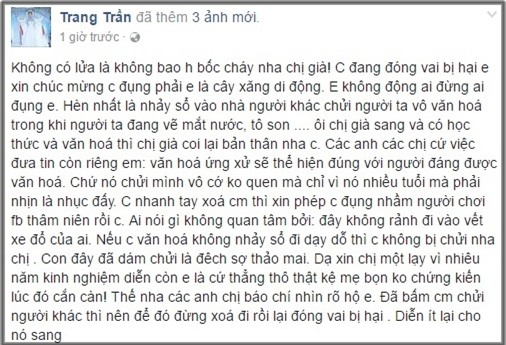 Dòng trạng thái mới nhất của Trang Trần sau khi đăng clip chửi mắng đàn chị. (Ảnh: Chụp từ FBNV)