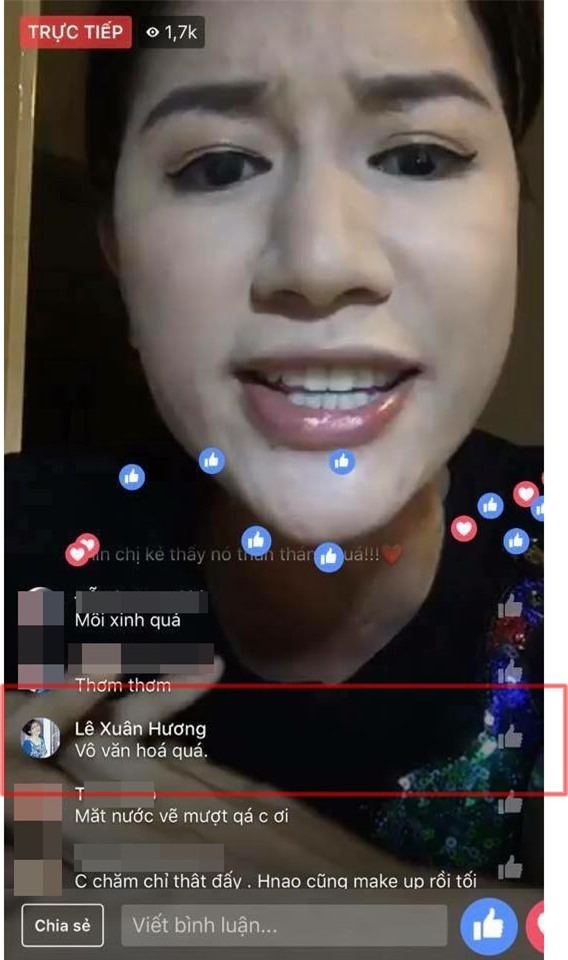 Trang Trần còn đăng tải hình ảnh nghệ sĩ Xuân Hương bình luận cô vô văn hóa trong đoạn livestream. (Ảnh: FBNV)