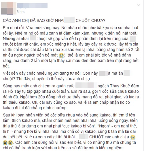 Khách phản ánh nhai trúng phân chuột ở quán cafe tại Hà Nội, quản lý cửa hàng lên tiếng - Ảnh 1.