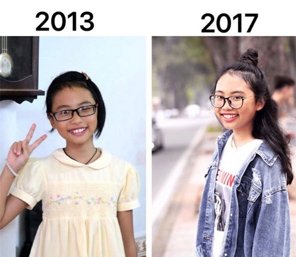 Giọng ca nhí tự ghép hình của chính mình trong những ngày đầu tham gia The Voice Kids và thời điểm hiện tại, kèm theo là lời bình luận dí dỏm: Em dậy thì thành công. Có thể thấy cô bé gầy gò đen nhẻm ngày nào đã lớn phổng phao, xinh đẹp.