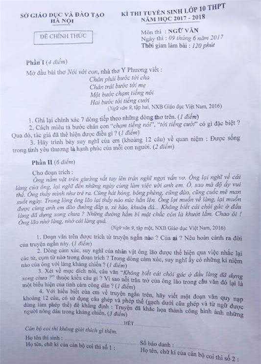 de thi mon van thi vao lop 10 o Ha Noi