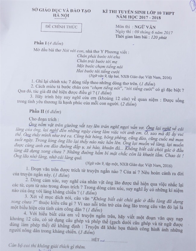 De thi va goi y bai giai mon Ngu van vao lop 10 o Ha Noi hinh anh 1