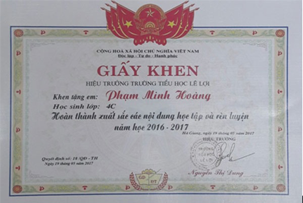 giấy khen, tiểu học, học sinh