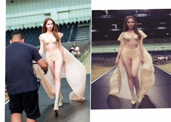 Hình ảnh đã photoshop và ảnh chụp nghiệp dư củaNgọc Trinh tập luyện cho Đêm hội chân dài 11 cũng bị fan lôi ra so sánh.Với tấm ảnh đã có sự can thiệp của công nghệ, người đẹp sinh năm 1989sở hữu vóc dáng bốc lửa, đôi chân dài miên man cùng làn da trắng mịn màng nhưngvới bức hình chụp thực tế, chiều cao củaNgọc Trinhcó vẻ “hạn chế” hơn nhiều. Ngoài ra, nước da và vóc dáng nữ diễn viênVòng eo 56cũng không giống với ảnh đã photoshop. Sự khác biệt 