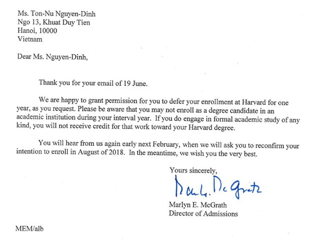 Harvard, Nguyễn Đình Tôn Nữ, gap year