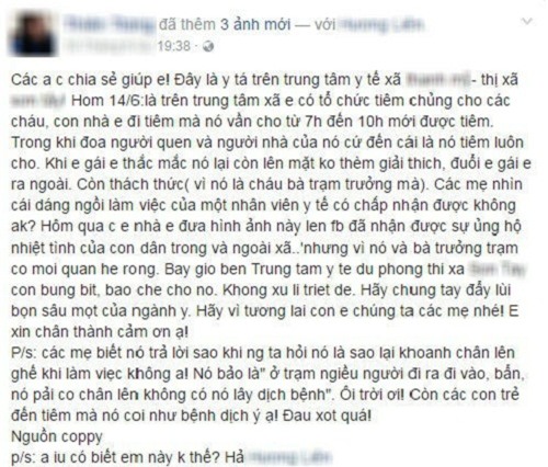 nu y ta gay buc xuc voi thai do hong hach, gac chan len ghe vi so lay benh dich khi tiem chung cho tre - 1