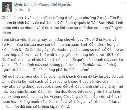 sao việt, uyên linh, ca sĩ uyên linh, uyên linh mất hành lý, uyên linh bị trộm đồ