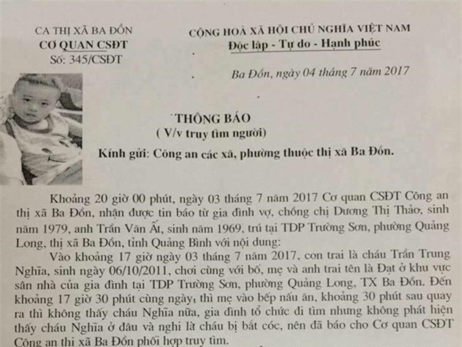 Treo thuong cho ai tim thay be trai 6 tuoi mat tich o Quang Binh hinh anh 1