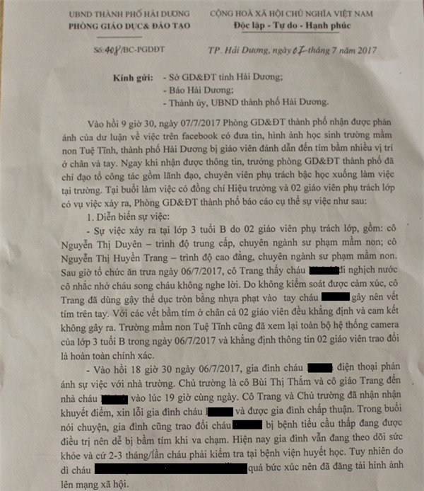 
Báo cáo của Phòng GD & ĐT TP. Hải Dương về sự việc. Ảnh: Đ.Tuỳ

