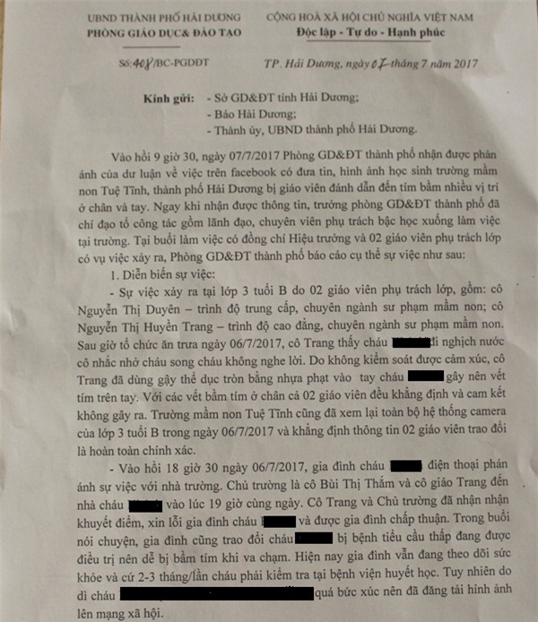 Báo cáo của Phòng GD & ĐT TP. Hải Dương về sự việc. Ảnh: Đ.Tuỳ