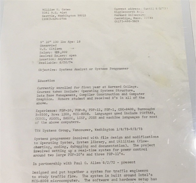 Bản CV của Bill Gates vào năm 1974, khi ông mới tròn 18 tuổi