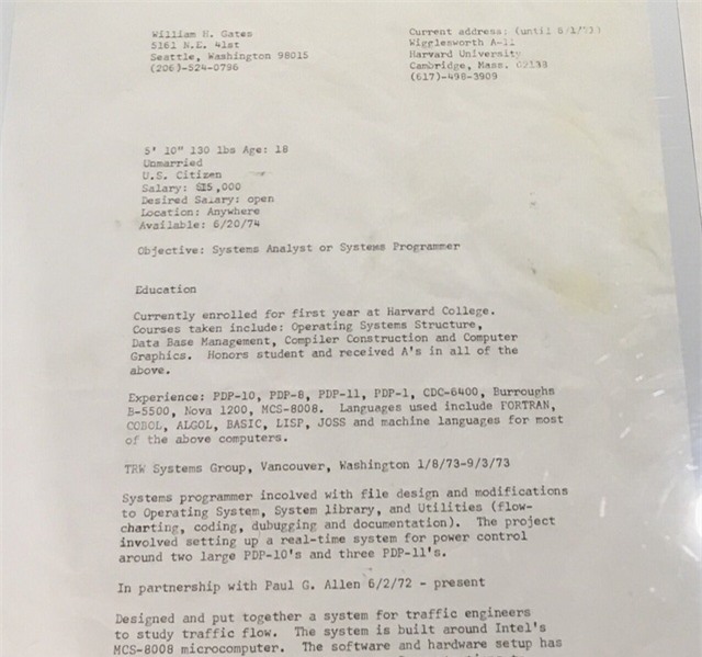 Bản CV của Bill Gates vào năm 1974, khi ông mới tròn 18 tuổi