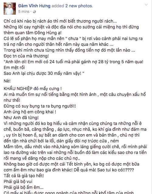 Dong cam ganh no tien ty thay me, Dam Vinh Hung len tieng ung ho, hua giup do Dong Hung